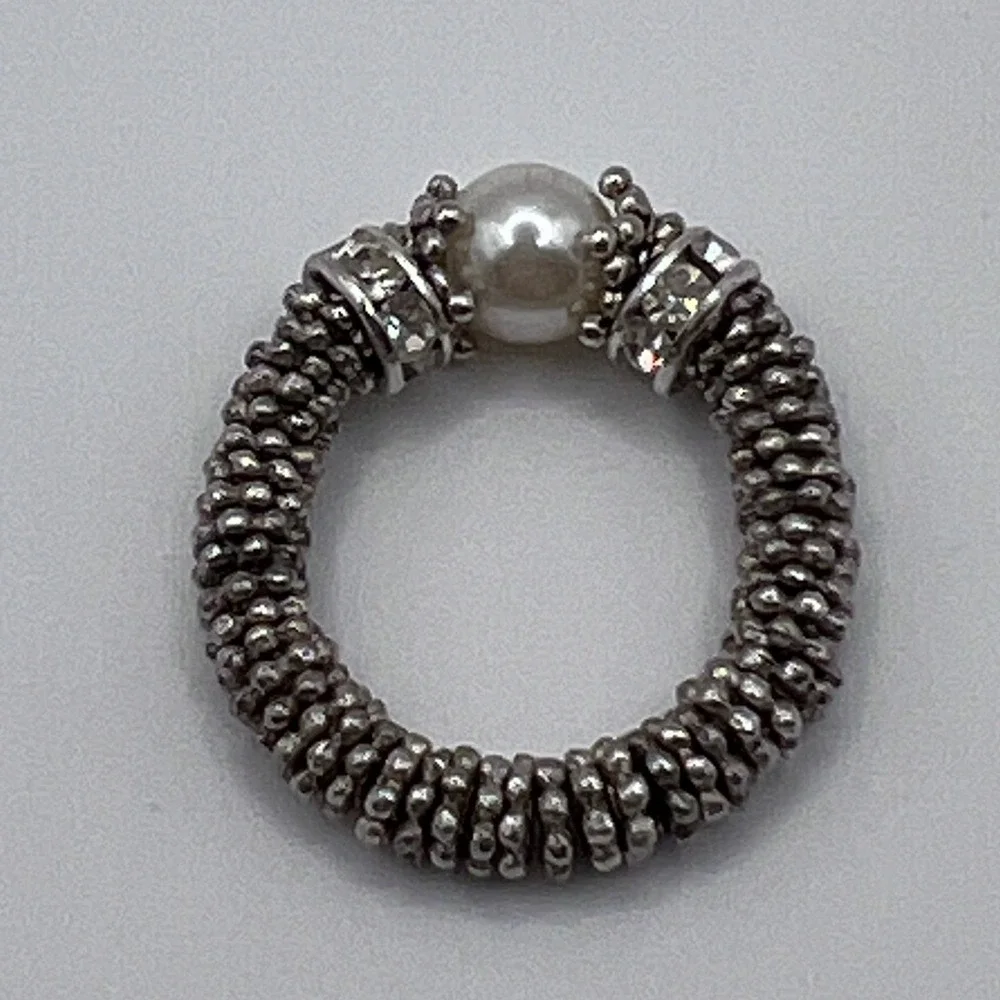 Cindy David Designs Stretch Ring Womens Sz 4 Silver Pearl Crystal Excellent Bali
